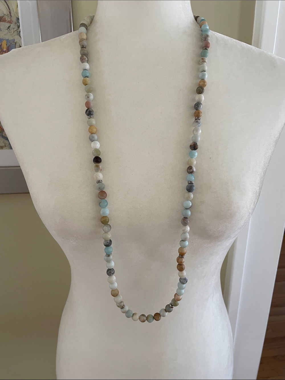 UPCYCLED MULTI COLOR AMAZONITE BEADED NECKLACE Silvertone Accents Long Boho Chic